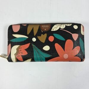 Fossil Zip Around Wallet Floral Print Black Multicolor Women’s 4x8